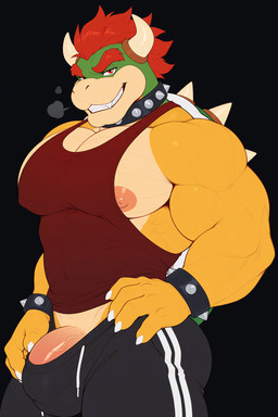 anthro anthrofied belly_scales biceps big_biceps big_muscles big_pecs black_background bracelet breath bulge claws clothed clothing collar dominant eyebrows genitals grin hair half-closed_eyes half-erect hand_on_hip horn humanoid_genitalia humanoid_penis jewelry lats male manly muscular muscular_male narrowed_eyes nipples partially_visible_penis pecs penis red_eyes red_hair scales sharp_teeth shell shirt simple_background smile solo spiked_bracelet spiked_collar spikes standing tank_top teeth tenting thick_eyebrows thick_penis three-quarter_view tight_clothing tight_topwear topwear track_pants triceps turtle_shell vein promagentis bowser koopa scalie hi_res portrait three-quarter_portrait