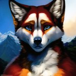 absurd_res ambiguous_gender anthro blue_eyes canid canine canis domestic_dog fluffy forest fur hi_res husky inner_ear_fluff lips mammal mountain neck_tuft nordic_sled_dog plant portrait red_body red_fur solo spitz stableyiffusion thick_lips tree tuft