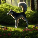 absurd_res ambiguous_gender big_tail canid canine canis colored director_cougar feral flower forest hi_res huge_filesize light long_legs mammal nature nature_background orange_eyes plant solo sunlight syndrome tree wolf