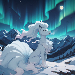 aurora_(phenomenon) blue_eyes chest_tuft detailed_background female feral full_moon fur inner_ear_fluff moon mountain multi_tail night outside plant quadruped sitting sky snow solo star starry_sky tail tree tuft white_body white_fur k01 nintendo pokemon alolan_form alolan_ninetales canid canine generation_1_pokemon mammal ninetales pokemon_(species) regional_form_(pokemon) digital_media_(artwork) hi_res shaded