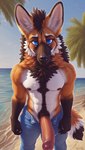 anthro beach beach_background big_penis blue_eyes bodily_fluids bottomwear brown_body brown_fur canid canine clothing cum cum_drip denim denim_clothing dripping fur genital_fluids genitals hi_res jeans looking_at_viewer male mammal maned_wolf multicolored_body multicolored_fur muscular muscular_anthro muscular_male nipples orange_body orange_fur pants pecs penis pinasheep69 seaside solo white_body white_fur