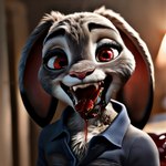 anthro blood bodily_fluids female fur hi_res hornybunny indigo indigo_furry_mix_v95_realistic judy_hopps lagomorph leporid mammal open_mouth rabbit red_eyes solo teeth zootopia