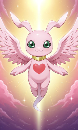 3_fingers cloud female fingers flying glowing gold_ring green_eyes heart_(marking) long_ears looking_at_viewer pink_body pink_skin ring_(jewelry) smile smiling_at_viewer solo star tail wings yiff_ai_(director) digimon digimon_tamers digimon_(species) marineangemon hi_res