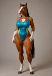 anthro big_breasts breasts camel_toe clothing curvy_figure eyebrows female freckles green_eyes hair hand_on_hip hooves navel nipple_outline one-piece_swimsuit simple_background solo standing swimwear thick_thighs wide_hips carnivalecloudmuncher equid equine horse mammal hi_res