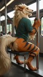 anthro anus balls big_tail bottomless butt butt_focus clothed clothing dark_anus detailed_anus detailed_fur flirting fluffy_balls fur genitals looking_at_viewer looking_back male orange_body orange_fur photorealism presenting presenting_anus public public_exposure public_transportation raised_tail realistic rear_view shirt sitting solo t-shirt topwear aurugy nintendo pokemon arcanine generation_1_pokemon pokemon_(species) detailed hi_res