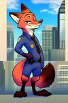 angry_puppy anthro canid canine city city_background clitoral_winking clitoris clothing disney fox genitals hand_on_hip looking_at_viewer male mammal nick_wilde one_eye_closed police_uniform smile smiling_at_viewer solo uniform wink zootopia