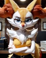 anthro arms_crossed book breasts chest_tuft clothed clothing desk dialogue eyewear female furniture glasses looking_at_viewer office paper smile solo table talking_to_viewer tuft snowblitz_(director) nintendo pokemon braixen canid canine fox generation_6_pokemon mammal pokemon_(species) animated hi_res sound tagme voice_acted webm