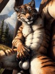 abs anthro balls black_claws claws covering covering_crotch felid feline genitals inner_ear_fluff keebler male mammal navel pantherine prick_ears selfie solo stripes tiger tuft whisker_spots whiskers yellow_eyes