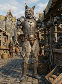 anthro armor blue_eyes bottomwear clothed clothing food fur grey_body grey_fur leather leather_bottomwear leather_clothing looking_at_viewer male market medieval medieval_fantasy melee_weapon muscular muscular_anthro muscular_male one_eye_closed outside plant smile solo spots spotted_body spotted_fur sunny sword thong underwear vegetable weapon wink sweet_husbando skyrim the_elder_scrolls felid feline khajiit lynx mammal absurd_res hi_res