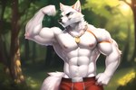anthro areola armpit_hair body_hair bottomwear bumblebee95 canid canine canis clothed clothing flexing fur hands_on_hips hi_res jewelry looking_aside male mammal muscular muscular_male necklace nipples pants solo topless white_body white_fur wolf