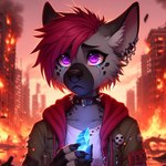 anthro apocalypse bodily_fluids burning collar crystal ear_piercing ear_ring female fur grey_body grey_fur hair piercing purple_eyes red_hair ring_piercing solo spiked_collar spikes tears icefoxai trrith_(character) hyaenid mammal