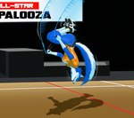 anthro athletic athletic_female blue_body clothing female footwear jump_rope leotard motion_lines shoes sneakers solo stage upside_down gusc3 canid canine canis mammal wolf hi_res