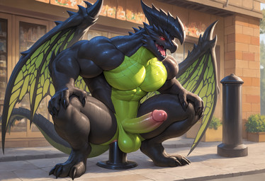 3_toes 4_fingers abs anal anal_object_insertion anal_penetration anal_tugging anthro anus balls big_muscles big_penis biped black_body black_claws black_scales black_toe_claws bollard claws countershading crouching day erection feet fingers genitals glans glistening glistening_balls glistening_genitalia glistening_penis green_balls green_body green_countershading green_penis green_scales green_wings hand_on_knee hand_on_leg hand_on_own_knee hand_on_own_leg head_crest humanoid_genitalia humanoid_penis improvised_dildo improvised_sex_toy knees_bent looking_pleasured male muscular muscular_anthro muscular_male mythology navel open_mouth outside pecs penetration penis pole public public_nudity pupils red_sclera scales sharp_teeth solo spikes spikes_(anatomy) store storefront tail teeth toe_claws toes tongue wing_spikes wings dfy6c capcom monster_hunter astalos dragon flying_wyvern mythological_creature mythological_scalie scalie hi_res
