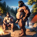 anthro balls campfire duo father father_and_child father_and_son feet flaccid foreskin genitals half-erect hot_spring humanoid_genitalia humanoid_penis male male/male nude overweight overweight_anthro parent parent_and_child penis presenting presenting_penis son water woods ape chimpanzee gorilla haplorhine mammal primate attempted_signature hi_res