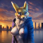 anthro breasts canid canine clothing digimon_(species) female fur hoodie looking_at_viewer mammal nenvul nipples renamon seductive smile solo topwear tuft white_body white_fur yellow_body yellow_fur