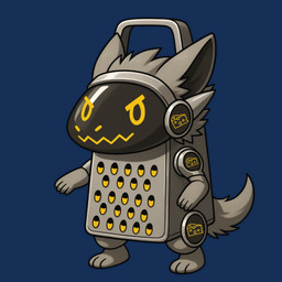 ambiguous_gender anthro cheese_grater fur grey_body grey_fur machine solo standing yellow_eyes thedavid mascot_2025 protogen hi_res