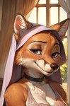 anthro choker clothing female jewelry looking_at_viewer necklace smile solo topwear window bananda2 maid_marian canid canine fox mammal hi_res portrait