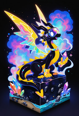 3_toes 4_fingers ambiguous_gender black_body bone_frill chibi clothing cloud collar countershading crystal dark_background dot_eyes energy_wings feet feral fingers frill_(anatomy) gloves glowing handwear holding_object horn mascot mythology open_mouth open_smile rock sand side_view smile smoke solo sparkles toes vr_headset water white_eyes wings yellow_body yellow_clothing yellow_countershading yellow_gloves yellow_handwear chilon249 dragon eastern_dragon hybrid mythological_creature mythological_scalie scalie western_dragon colorful full-length_portrait hi_res portrait yiffymix_(model)