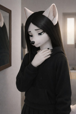 anthro black_hair blue_eyes blurred_background bottomwear clothed clothing dark_hair female fur hair hallway long_hair miniskirt mirror nude skirt solo topwear white_body white_fur foxytaill silver_snowflake arctic_fox canid canine canis fox mammal hi_res