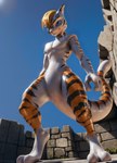 2_toes 3_fingers ambiguous_gender anthro blonde_hair blue_eyes feet felid fingers generation_1_pokemon glistening glistening_body glistening_skin hair hi_res humanoid hybrid legendary_pokemon low-angle_view mammal mewtwo pantherine pokemon_(species) ruins smile solo stablexai stripes tiger toes