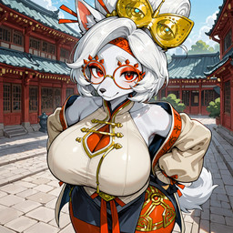 accessory anthro asian_clothing big_breasts bottomwear breasts chinese_clothing clothing east_asian_clothing female fur hair hair_accessory huge_breasts long_sleeves looking_at_viewer medium_hair outside red_eyes skirt solo standing white_body white_fur white_hair lucasauditore purah hi_res