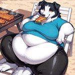 anthro belly big_belly chair clothing crop_top eating female food furniture leggings legwear lounge_chair overweight overweight_female reclining shirt solo topwear ffox475 canid canine canis collie domestic_dog herding_dog mammal pastoral_dog sheepdog hi_res