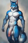 abs absurd_res anthro ascar balls big_balls big_penis blue_body blue_eyes blue_fur chest_tuft domestic_cat felid feline felis fluffy fluffy_fur fluffy_tail fur genitals hi_res looking_at_viewer male mammal neck_tuft pecs penis pubes simple_background smile solo solo_focus tuft