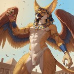 abs animal_ears anthro athletic athletic_anthro athletic_male bottomwear claws clothed clothing dreadlocks egyptian egyptian_clothing egyptian_headdress feathered_wings feathers fur male multicolored_body multicolored_fur nipples open_mouth pocox3pro pose solo standing two_tone_body two_tone_fur wings yellow_body avian hybrid absurd_res hi_res