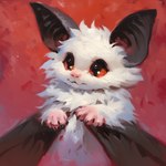 ambiguous_gender black_ears black_wings feral fluffy membrane_(anatomy) membranous_wings orange_eyes pink_nose red_background simple_background solo white_body wings sappy_(director) chiropteran mammal hi_res oil_painting_(artwork) painting_(artwork) traditional_media_(artwork)