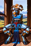 abs accessory anthro armor blue_top clothing crop_top female flower flower_in_hair forest forest_background hair hair_accessory looking_at_viewer mountains muscular muscular_female nature nature_background orange_hair orange_pubic_hair plant shirt smug_face solo topwear tree vambraces copeq brita_eng