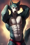 abs absurd_res anthro ascar bulge canid canine canis clothing hands_behind_head hi_res jockstrap legoshi_(beastars) looking_at_viewer male mammal muscular muscular_male pecs simple_background smile solo underwear wolf