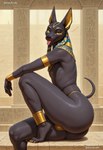 4_toes anklet anthro anus armlet big_butt black_body black_fur black_nose bulge butt claws clothed clothing egyptian egyptian_clothing facial_markings feet femboy fur girly gold_claws head_markings hieroglyphics jewelry looking_at_viewer male markings nipples open_mouth partially_clothed pharaoh royalty side_view sitting smile solo thong toes tongue tongue_out underwear usekh yellow_clothing yellow_eyes yellow_markings yellow_thong yellow_underwear geidra anubis anubian_jackal canid canine canis deity jackal mammal hi_res watermark