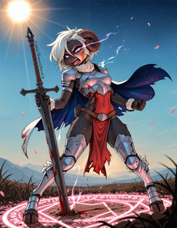 anthro armor black_body blood blood_on_ground bodily_fluids bottomwear cape clothing damaged_clothing female flaming_eyes hair holding_object holding_weapon horn landscape loincloth magic magic_circle melee_weapon purple_eyes short_hair solo standing sword weapon white_hair wounded djar17 bovid caprine mammal sheep absurd_res hi_res