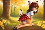 aiko all_fours anthro bottomwear bow_(disambiguation) brown_hair clothing cub female flower hair hairbow hooves kneeling looking_at_viewer looking_back nature park plant shirt skirt solo teal_eyes topwear upskirt young venisoncreampie venison cervid mammal hi_res