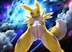 anthro breasts countershading digimon_(species) female finaleclipse fur genitals hi_res looking_at_viewer looking_down low-angle_view mammal nipples nude outside presenting presenting_pussy pubes pussy renamon smile solo space spread_legs spreading standing tuft white_body white_countershading white_fur yellow_body yellow_fur