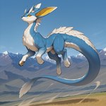 ambiguous_gender big_ears feathers feral fluffy levitation looking_at_viewer mountains solo tail_feathers wind yellow_sclera nonimousmate dragon eeveelution hybrid pokemon_(species) wyrm_(dragon) hi_res