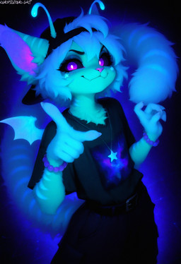 ambiguous_gender antennae_(anatomy) anthro black_clothing black_shirt black_topwear clothing cosmic_background fluffy jewelry necklace purple_eyes ravelien shirt solo streetwear topwear white_eyes wings wristband suspicious_cat alien unknown_species absurd_res hi_res