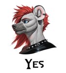 anthro black_nose blue_eyes collar ear_piercing ear_ring female fur grey_body grey_fur hair piercing punk_hair red_hair ring_piercing side_view solo spiked_collar spikes icefoxai trrith_(character) hyaenid mammal hi_res meme