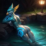 anthro avian beak blue_body breasts butt curvy_figure feathers female glowing glowing_markings hi_res lamp markings non-mammal_breasts partially_submerged potca solo solo_focus thick_thighs voluptuous water wet