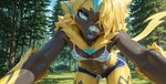 anthro blue_eyes blue_tongue breasts clothed clothing female first_person_view forest fur hair looking_at_viewer navel navel_piercing piercing plant short_hair small_breasts smile solo tomboy tongue tree kufihliwe nintendo pokemon felid generation_7_pokemon legendary_pokemon mammal pokemon_(species) zeraora hi_res