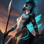 anthro avian beak black_body blue_body blue_feathers blue_nipples bottomwear breasts clothing countershading curvy_figure feathers female freya_(potca) hi_res markings melee_weapon muscular nipples non-mammal_breasts non-mammal_nipples polearm potca solo spear tribal tribal_clothing voluptuous water weapon wet white_body white_countershading