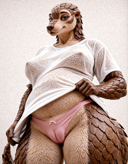 anthro brown_body brown_eyes brown_fur camel_toe clothing female fur low-angle_view panties pink_clothing pink_panties pink_underwear scales shirt simple_background solo standing topwear underwear wet wet_clothing wet_shirt wet_topwear white_clothing white_shirt white_topwear nnam_si3 mammal pangolin hi_res portrait three-quarter_portrait