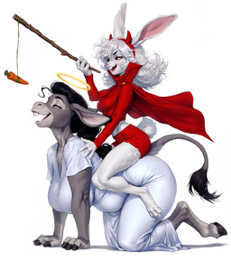 all_fours anthro biped breasts cape carrot clothing fake_horns female food halo inner_ear_fluff plant prick_ears smile solo stick tuft vegetable anonymous_director invoke_high equid equine lagomorph leporid mammal rabbit hi_res