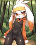 accessory anthro blush breasts camel_toe clothing female forest hair headband jacket looking_at_viewer nipple_outline plant solo tight_clothing topwear tree white_body awesomeoras nintendo pokemon generation_8_pokemon lagomorph mammal pokemon_(species) raboot