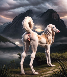 animal_genitalia animal_pussy anus blue_eyes butt canine_genitalia canine_pussy cloud detailed_background detailed_fur evening female feral floppy_ears fur genitals glistening glistening_eyes grass landscape light long_snout moon mountain mouth_closed multicolored_body multicolored_fur pink_anus pink_nose pink_pussy plant plump_labia presenting presenting_hindquarters puffy_anus pussy raised_tail realistic slim snout solo standing surrealism tan_body tan_fur three-quarter_view tree white_body white_fur blp canid canine canis domestic_dog hunting_dog mammal sighthound detailed hi_res lighting