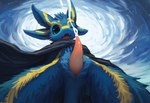 4_ears animal_genitalia black_cape blue_body blue_feathers bodily_fluids cloaca cloak cloak_only clothing cum cumshot cute_fangs detailed_background ejaculation erection feathers genital_fluids genitals glistening glistening_genitalia glistening_penis green_sclera low-angle_view male markings multi_ear night one_eye_closed open_mouth orgasm penis pink_penis sky solo tapering_penis worm's-eye_view yellow_markings minco avali novelai