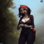 anthro attempted_signature avian beak biped bird breasts cleavage clothed clothing feathers female fleekfeather prompt prompt_metainfo solo yiffye18