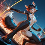 action_pose anthro black_body city cyberpunk female fur genitals night nude pose presenting pussy rooftop sitting sky skyscraper solo teeth ft-27 canid canine fox mammal
