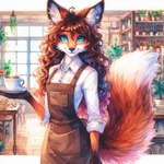 anthro beverage canid canine clothed clothing container cup day detailed_background director_sunshine female fox fur hair inside looking_at_viewer mammal plant plant_pot smile solo window