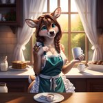 absurd_res aimee anthro apron beverage braided_hair brown_body brown_fur brown_hair cervid clothing coffee female fur hair hi_res kitchen long_hair looking_at_viewer mammal nipple_slip nipples smile solo teal_eyes venison venisoncreampie